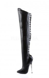 Pleaser - DAGGER-3060PU Solid Brass Heel Back Lace Up Thigh Boot