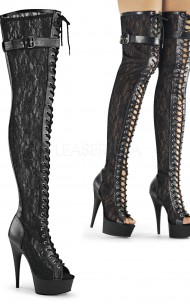 Pleaser - DELIGHT-3025ML Peep Toe Front Lace-up Lace Appliqued Mesh Thigh High Boot 