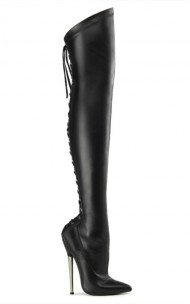 Pleaser - DAGGER-3060PU Solid Brass Heel Back Lace Up Thigh Boot